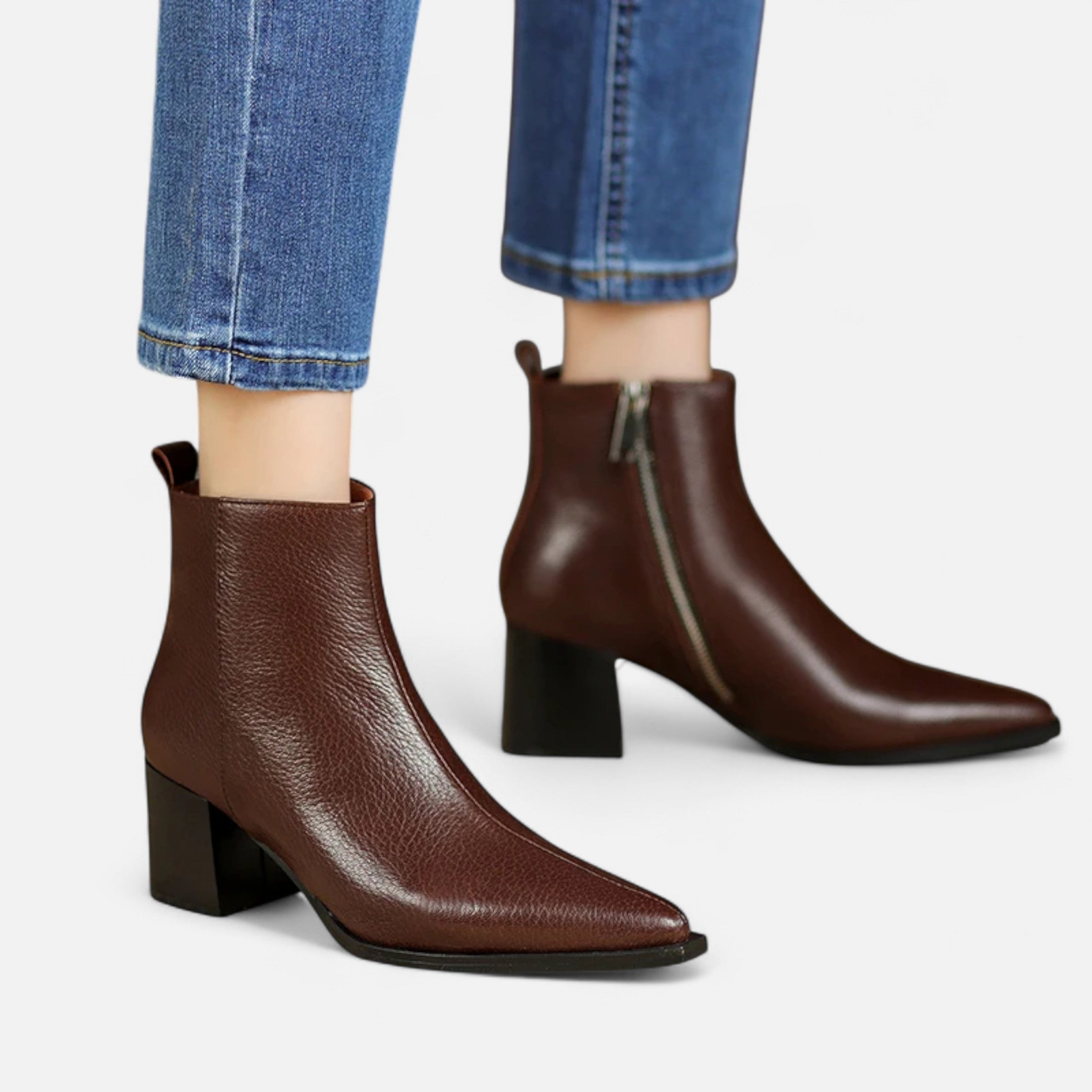 Women's Genuine Leather Chelsea Ankle Boots with Pointed Toe and Square Heel