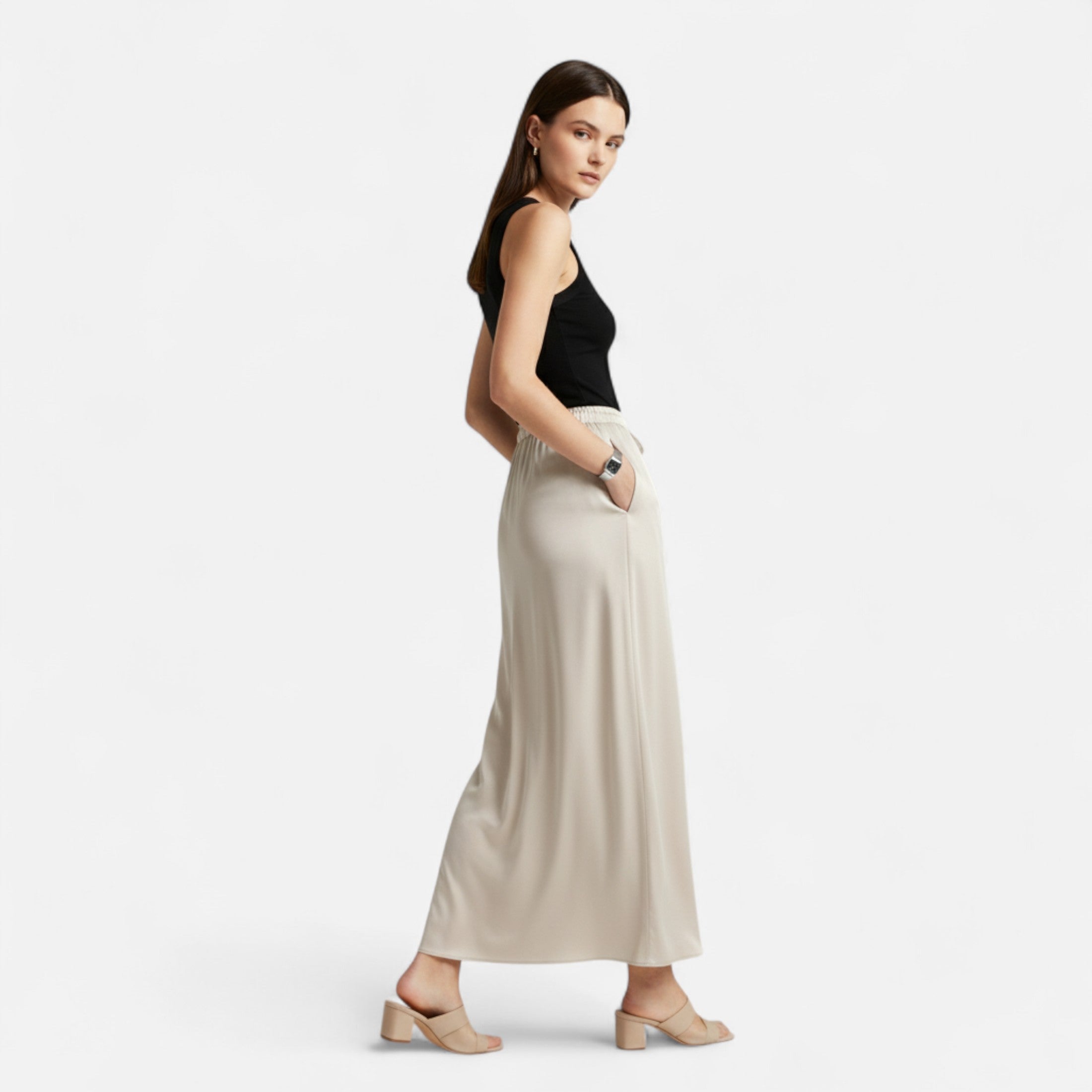 Chic high-waisted satin skirt for women