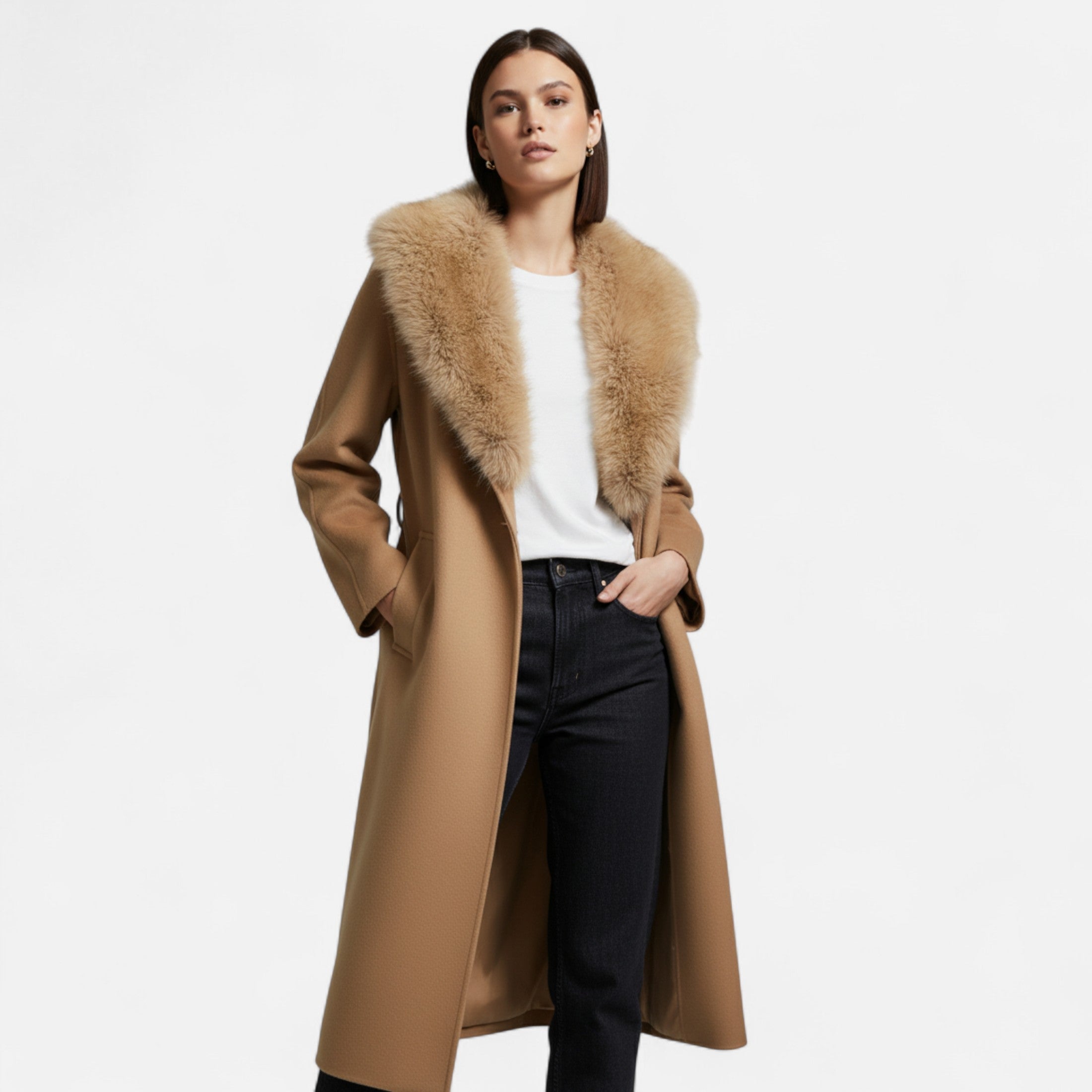 Long wool coat with faux fur lapels for women