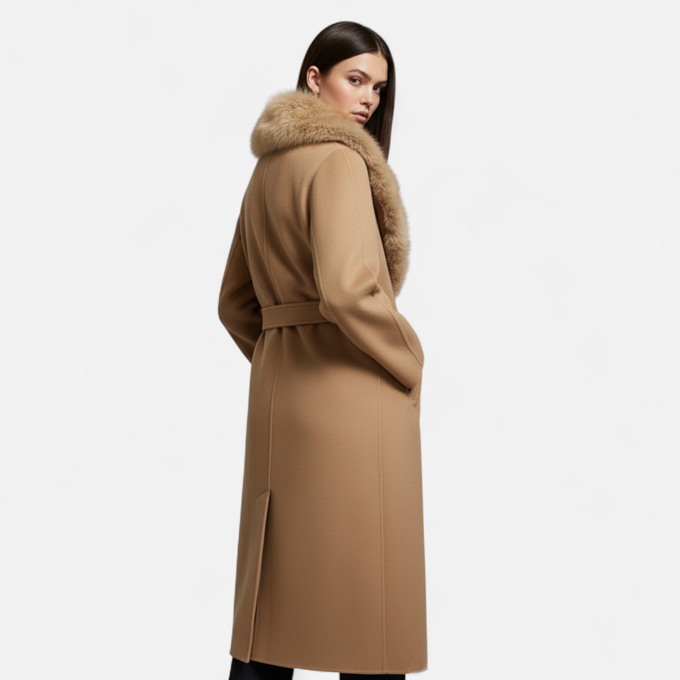 Long wool coat with faux fur lapels for women