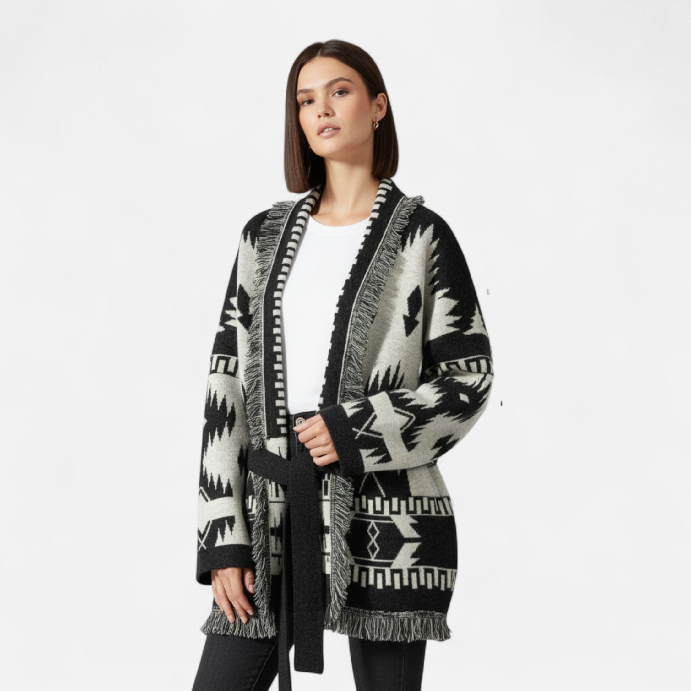 Women's Jacquard Knit Sweater with Pompons