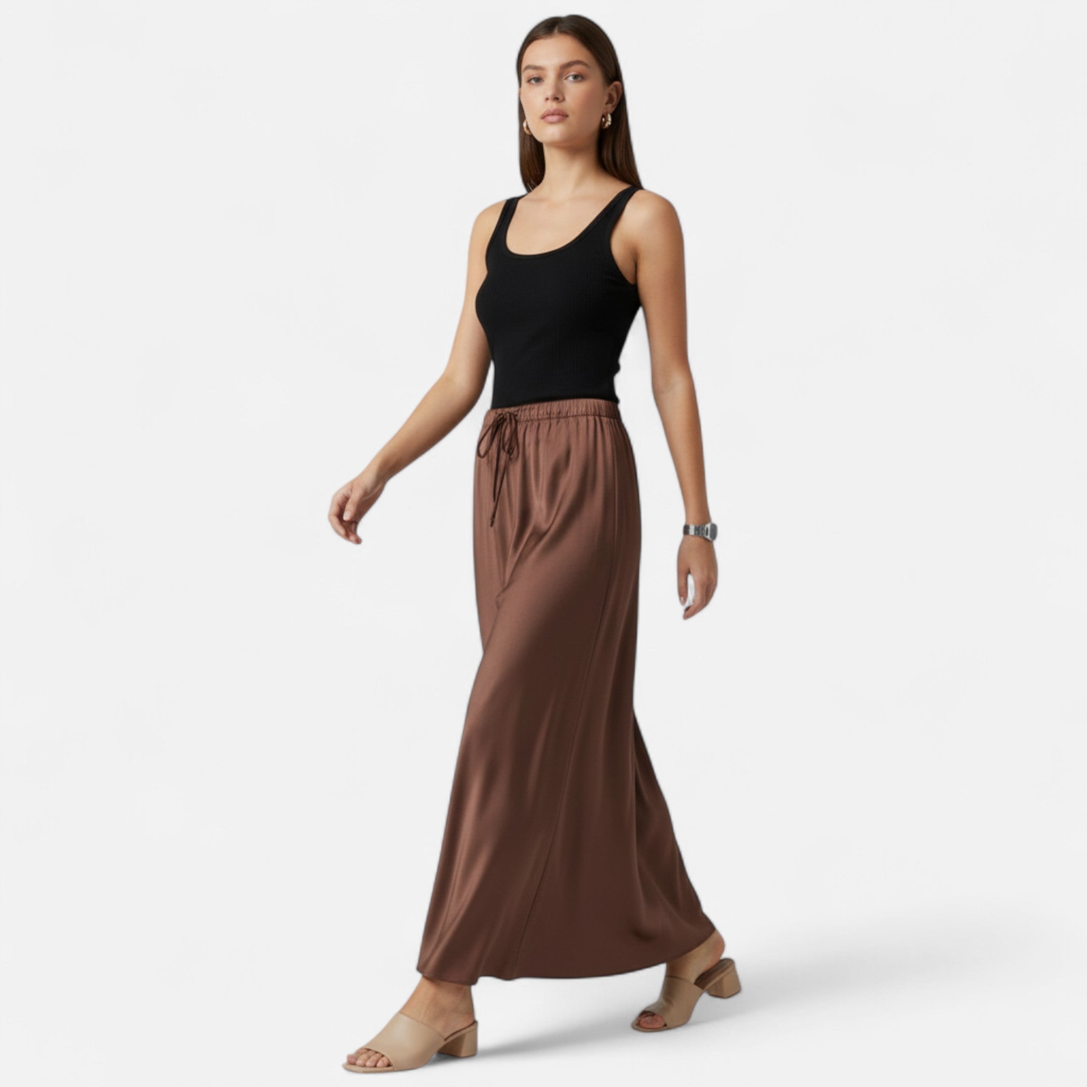 Chic high-waisted satin skirt for women
